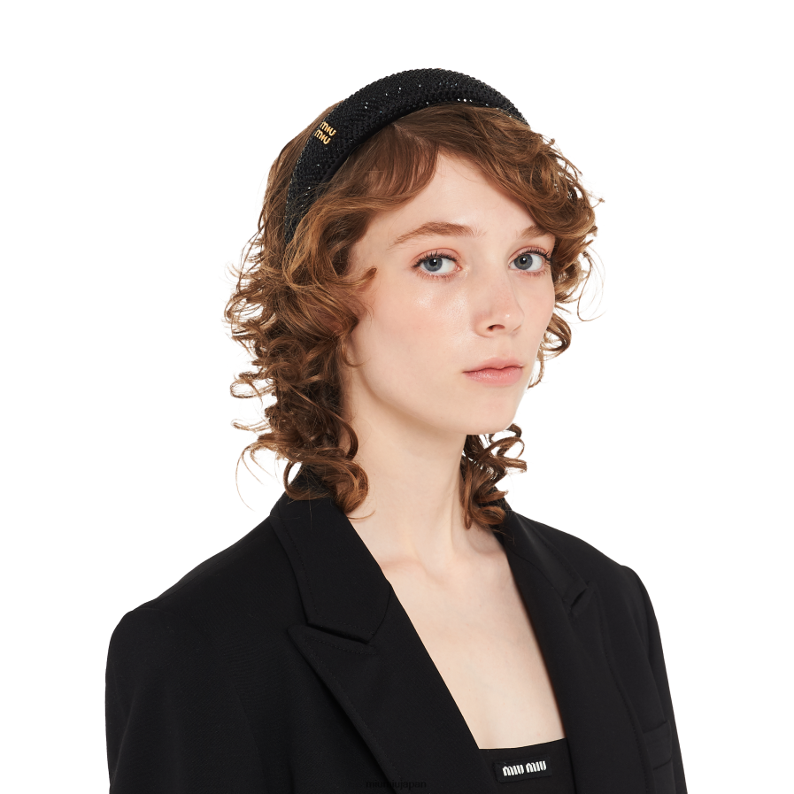 クリスタル付きサテンヘッドバンド Miu Miu 黒 アクセサリー