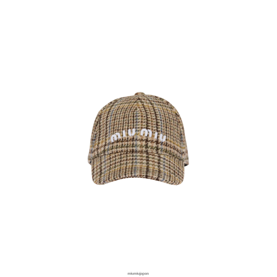 チェック柄シェットランドウールベースボールキャップ Miu Miu ココアブラウン アクセサリー D2466R1190
