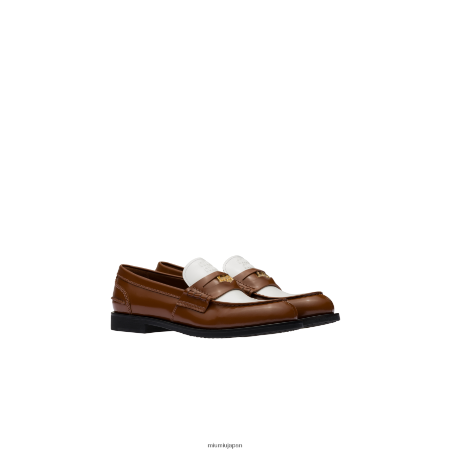 レザーペニーローファー Miu Miu タバコ/白 靴 D2466R321