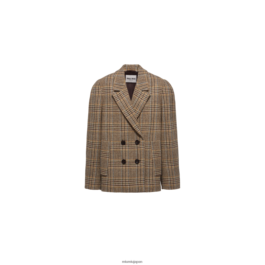 チェック柄 ダブルジャケット Miu Miu ココアブラウン 着用する準備ができて D2466R507