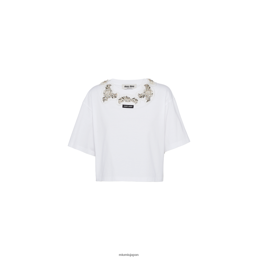 エンブロイダリー コットン Tシャツ Miu Miu 白 着用する準備ができて D2466R713